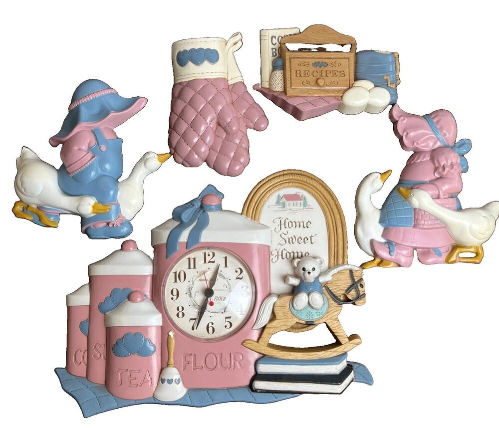 Burwood Country Cottagecore Kitchen Farmhouse Wall Decor Set W/ Clock Pink Blue